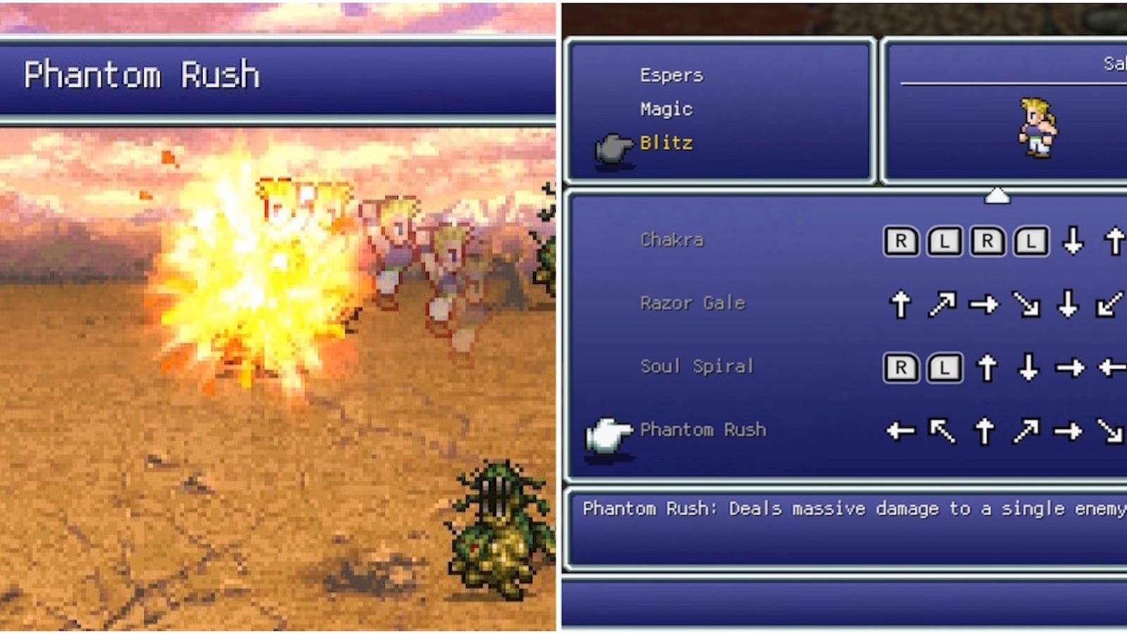 Sabin attacking with Phantom Rush and Phantom Rush in the menu in Final Fantasy 6