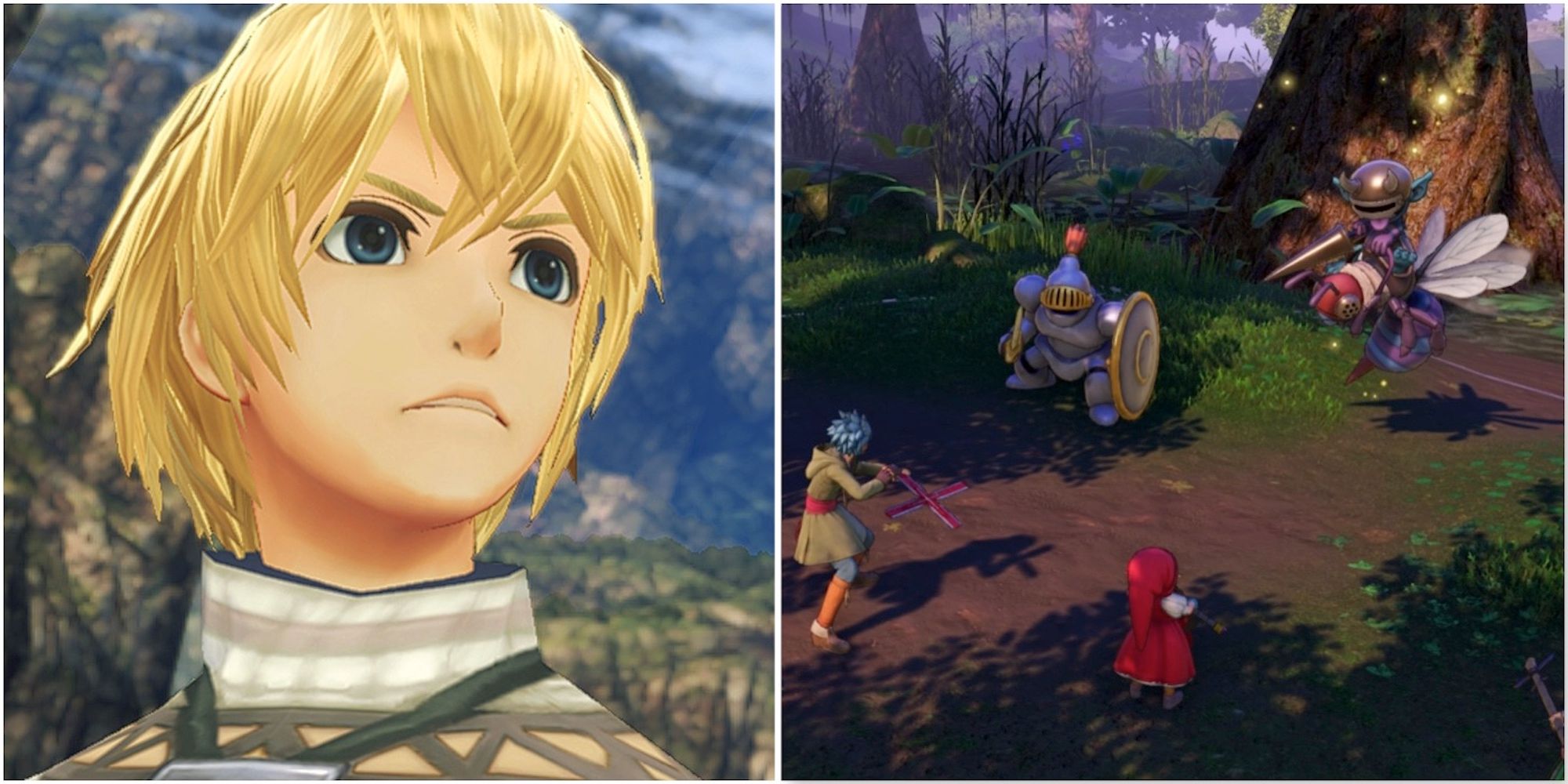 Shulk in Xenoblade Chronicles and fighting a battle in Dragon Quest 11