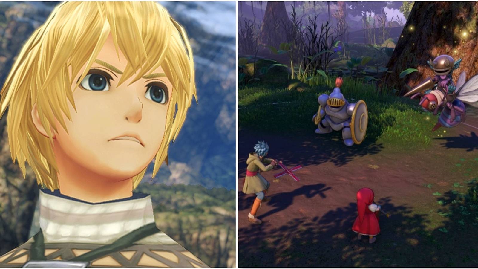 Shulk in Xenoblade Chronicles and fighting a battle in Dragon Quest 11
