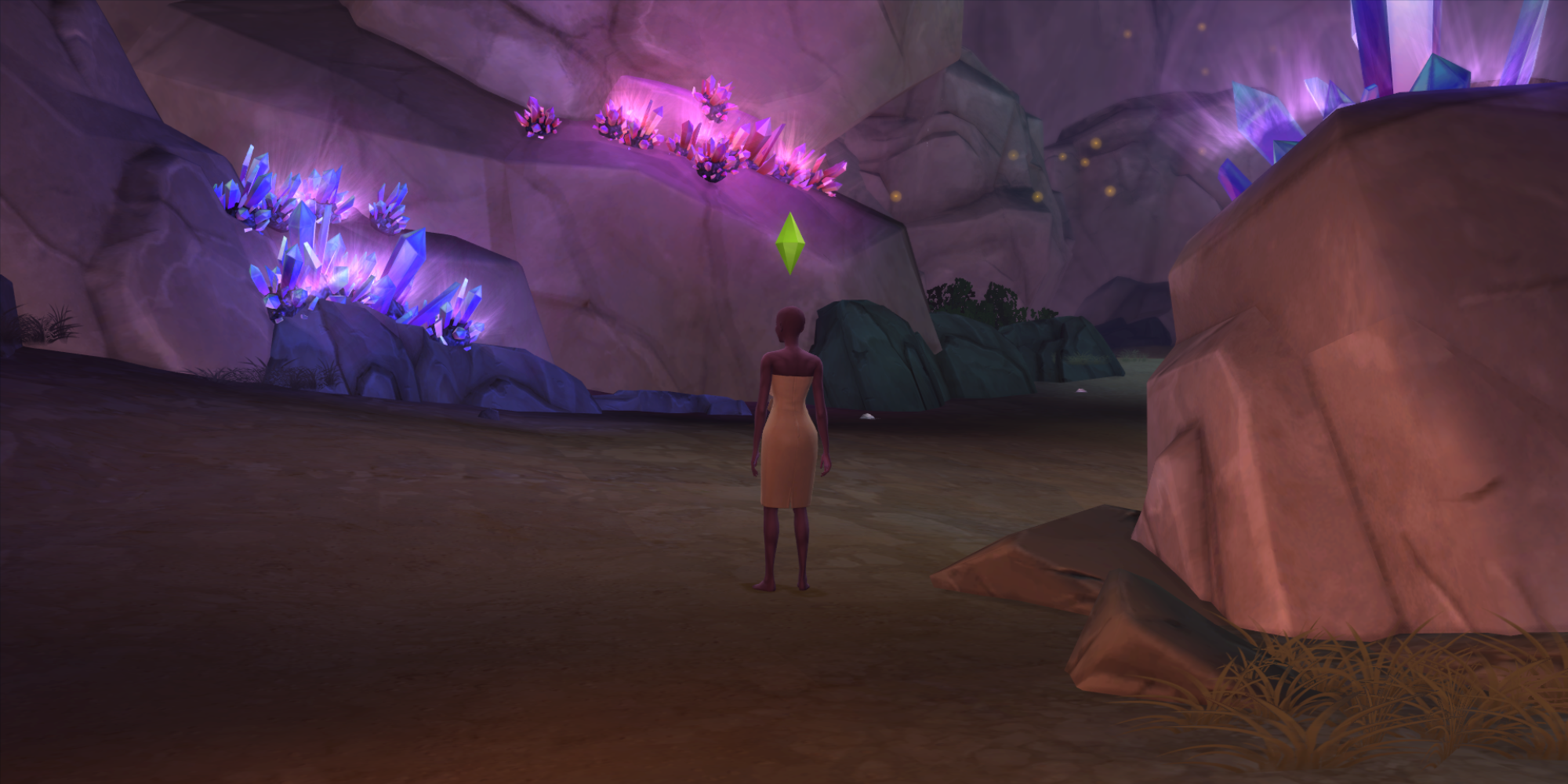 A Sim explores a secret grotto in The Sims 4