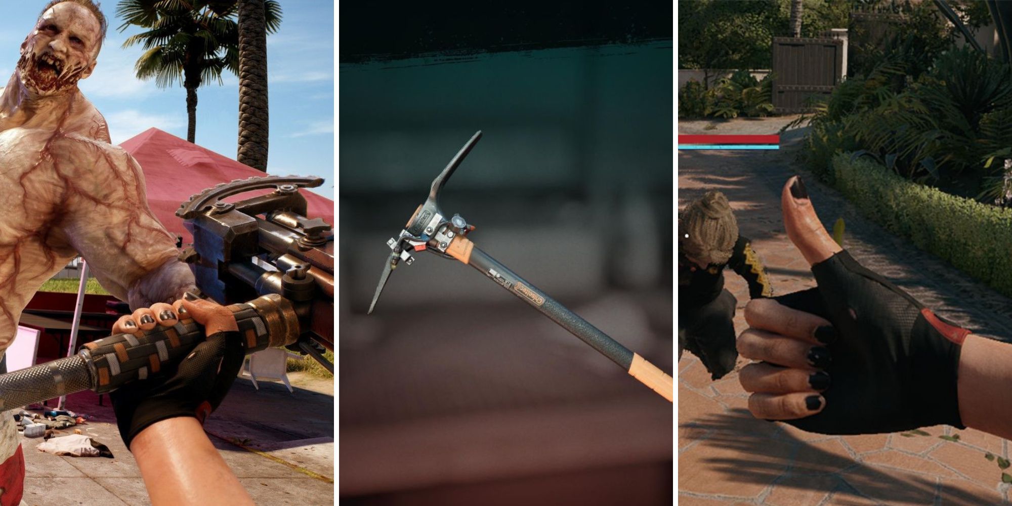 A grid of images from Dead Island 2 including a player about to attack a crusher with a Hammer, a pickaxe and then Amy with her thumb up
