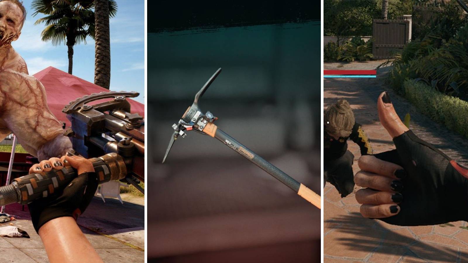 A grid of images from Dead Island 2 including a player about to attack a crusher with a Hammer, a pickaxe and then Amy with her thumb up