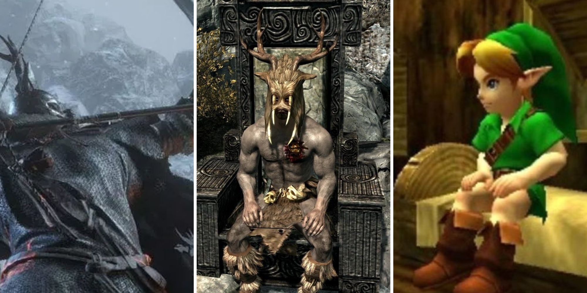 A grid of images showing the RPGs Dark Souls 3, Skyrim, and The Legend of Zelda: Ocarina of Time