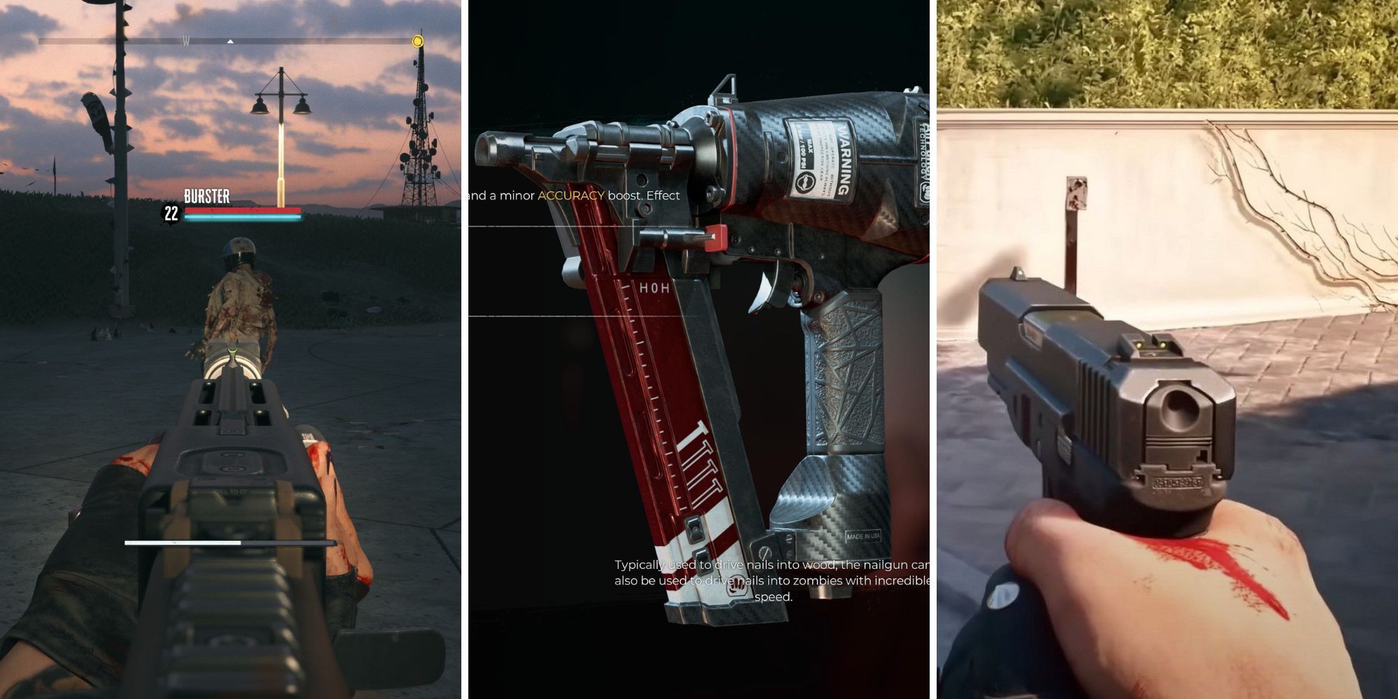 A grid of images from Dead Island 2, showing a player about to shoot a Burster, a Nail Gun, and a player holding a pistol 