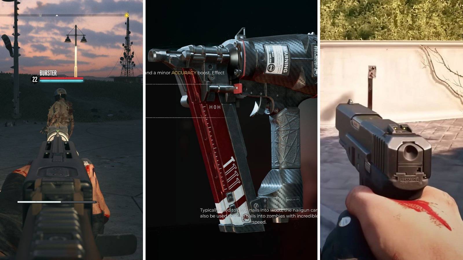 A grid of images from Dead Island 2, showing a player about to shoot a Burster, a Nail Gun, and a player holding a pistol 