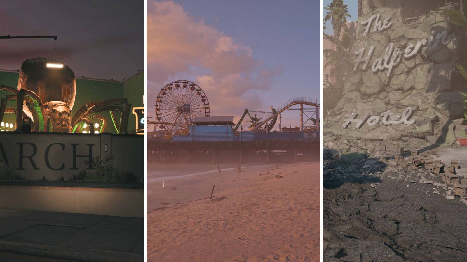 A grid of images showing three locations in Dead Island 2