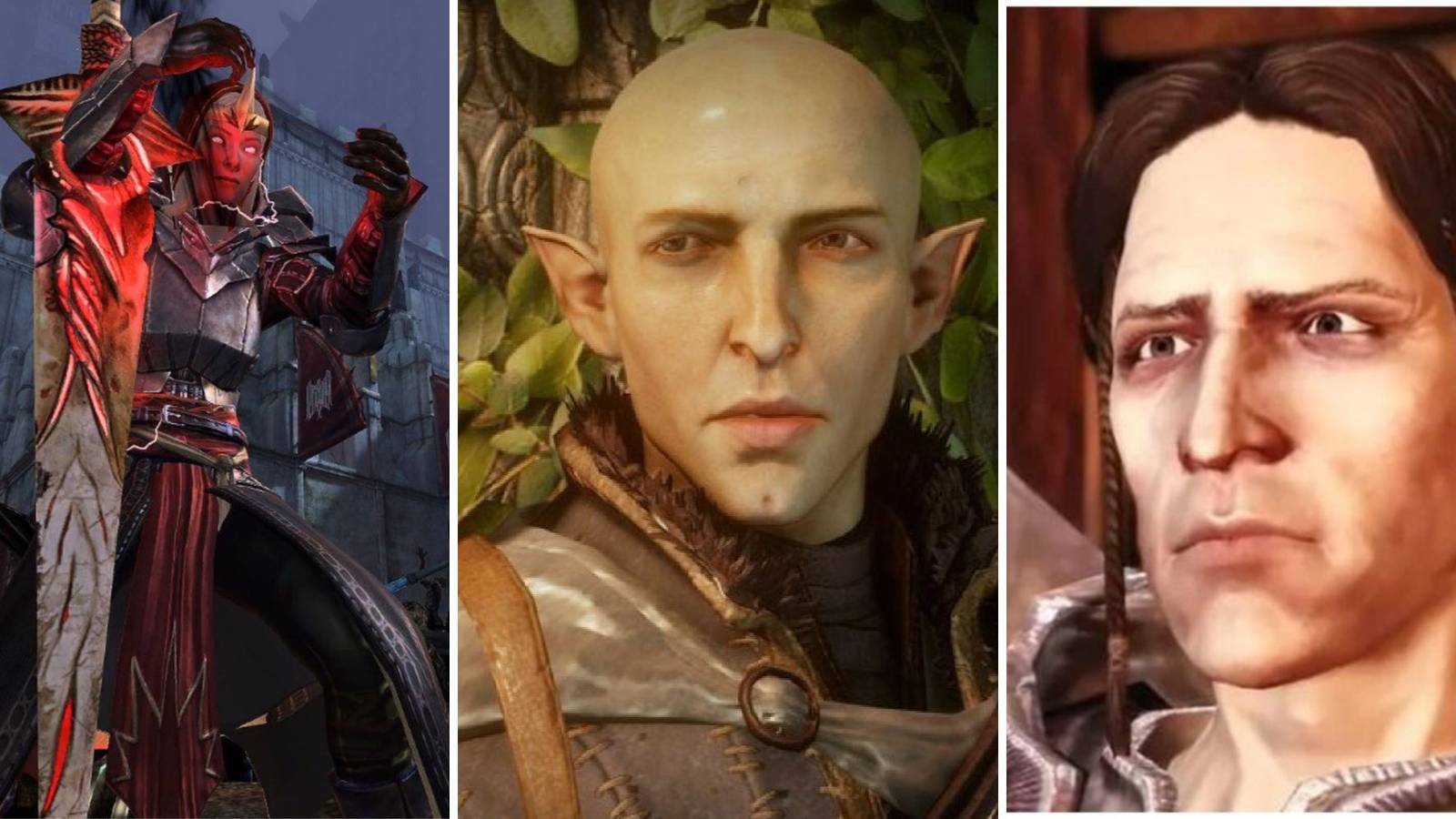 A grid of images showing the villains Meredith from Dragon Age 2, Solas from Dragon Age: Inquisition, and Loghain from Dragon Age: Origins
