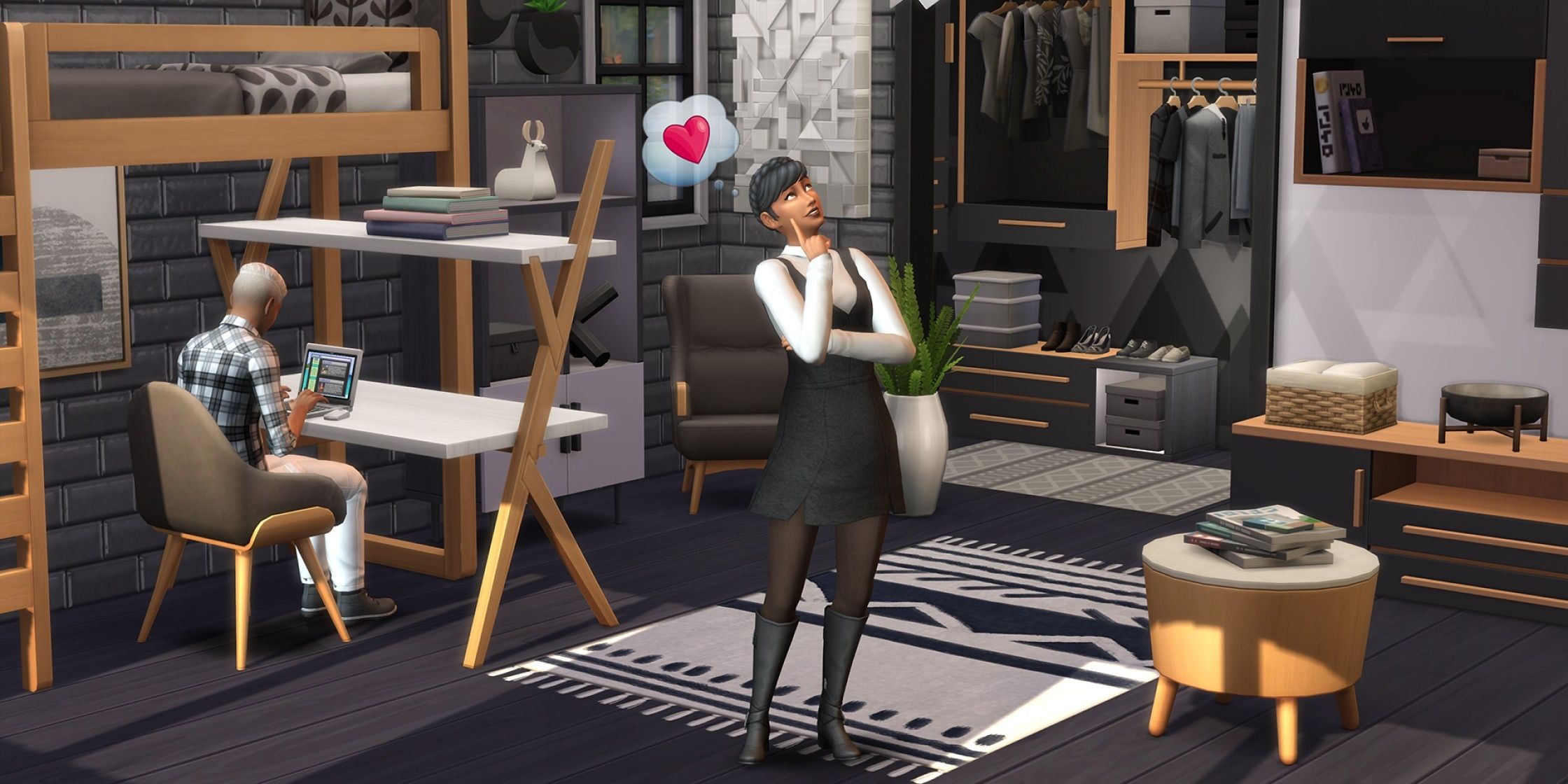 A dark house made through the Dream Home Decorator Game Pack in The Sims 4