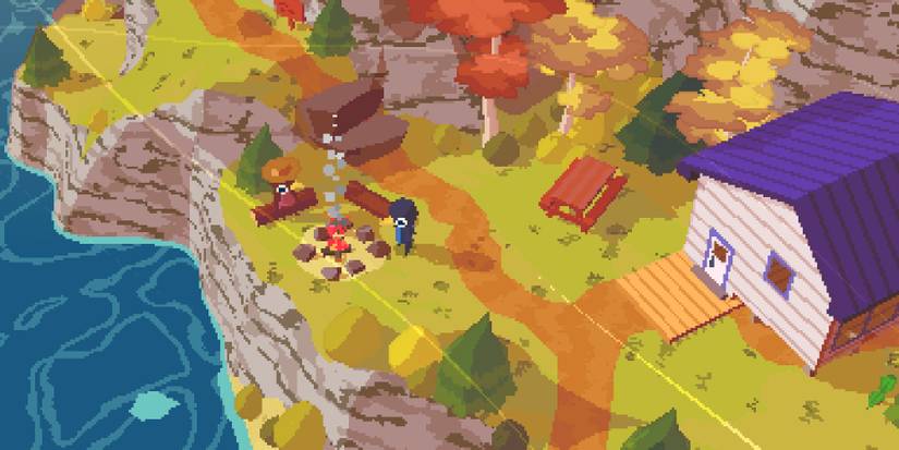 A cliff-side house overlooks the sea, as two anthropomorphic bird people sit around a campfire in A Short Hike