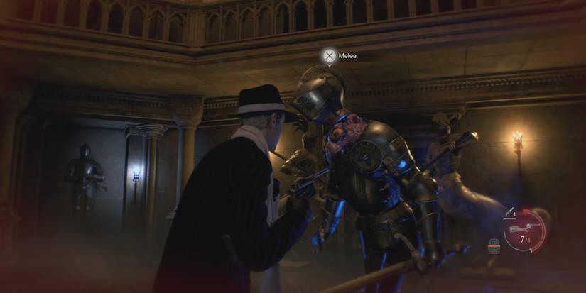 Leon prepares to melee an Armadura in Resident Evil 4 remake