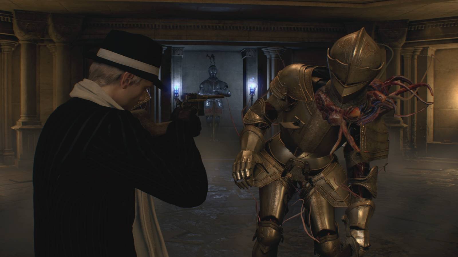 Leon aims his pistol at an Armadura in Resident Evil 4 remake