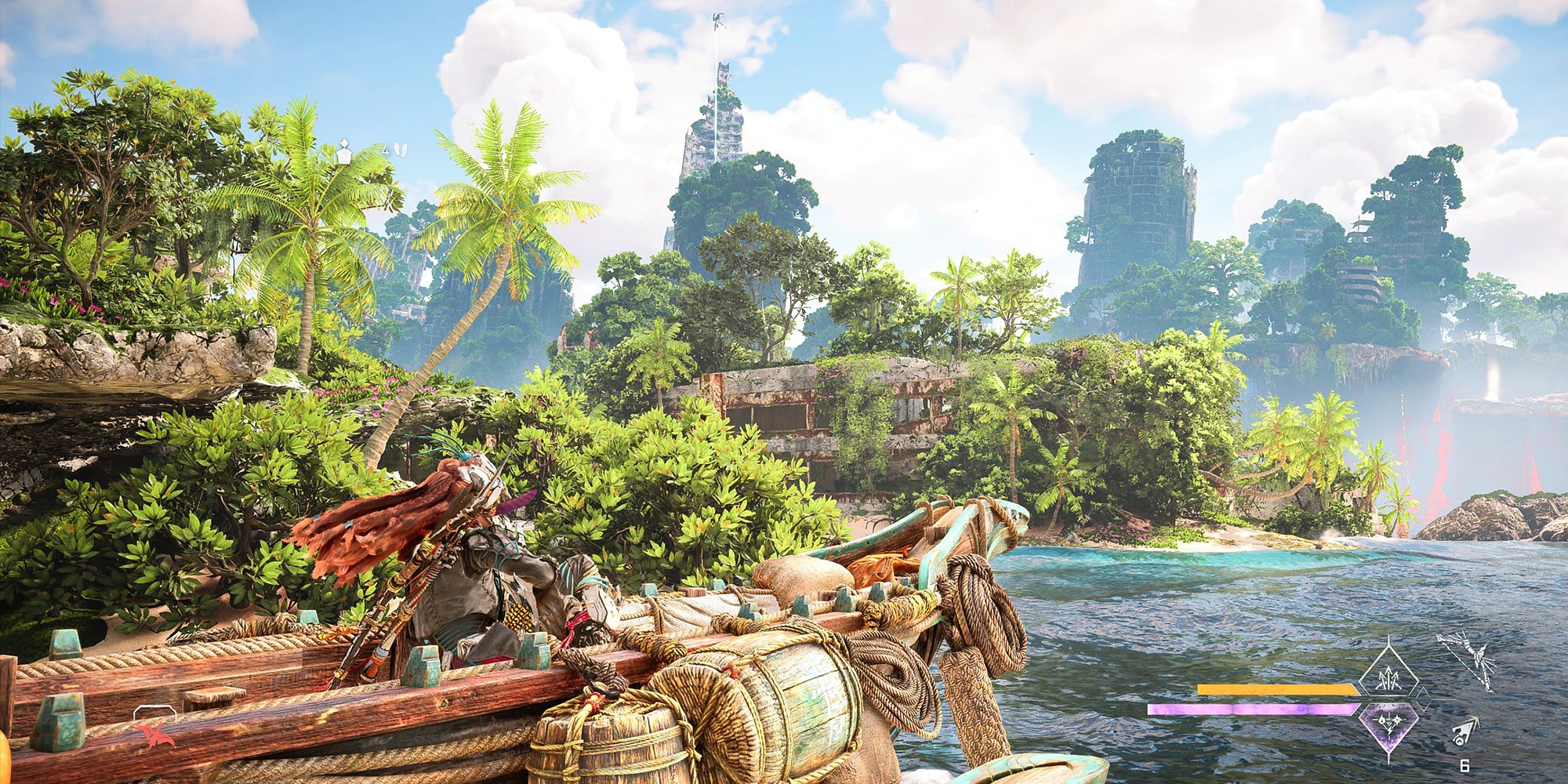 Aloy riding aboard the Skiff