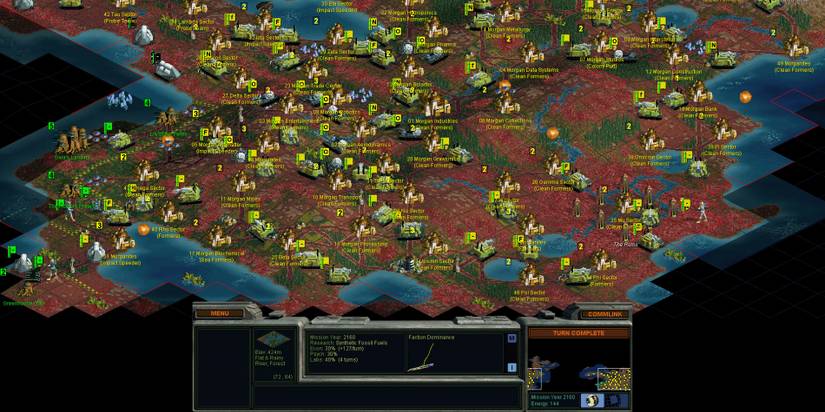 A late game screenshot of Sid Meier's Alpha Centauri featuring the Morgan faction