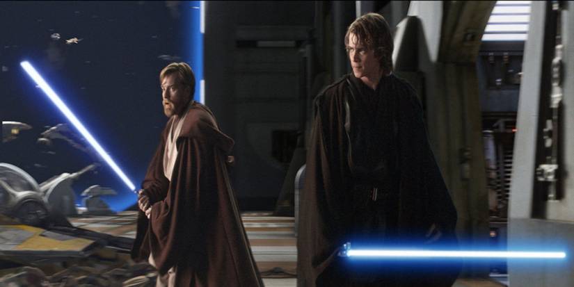 Obi-Wan and Anakin getting ready for a lightsaber fight