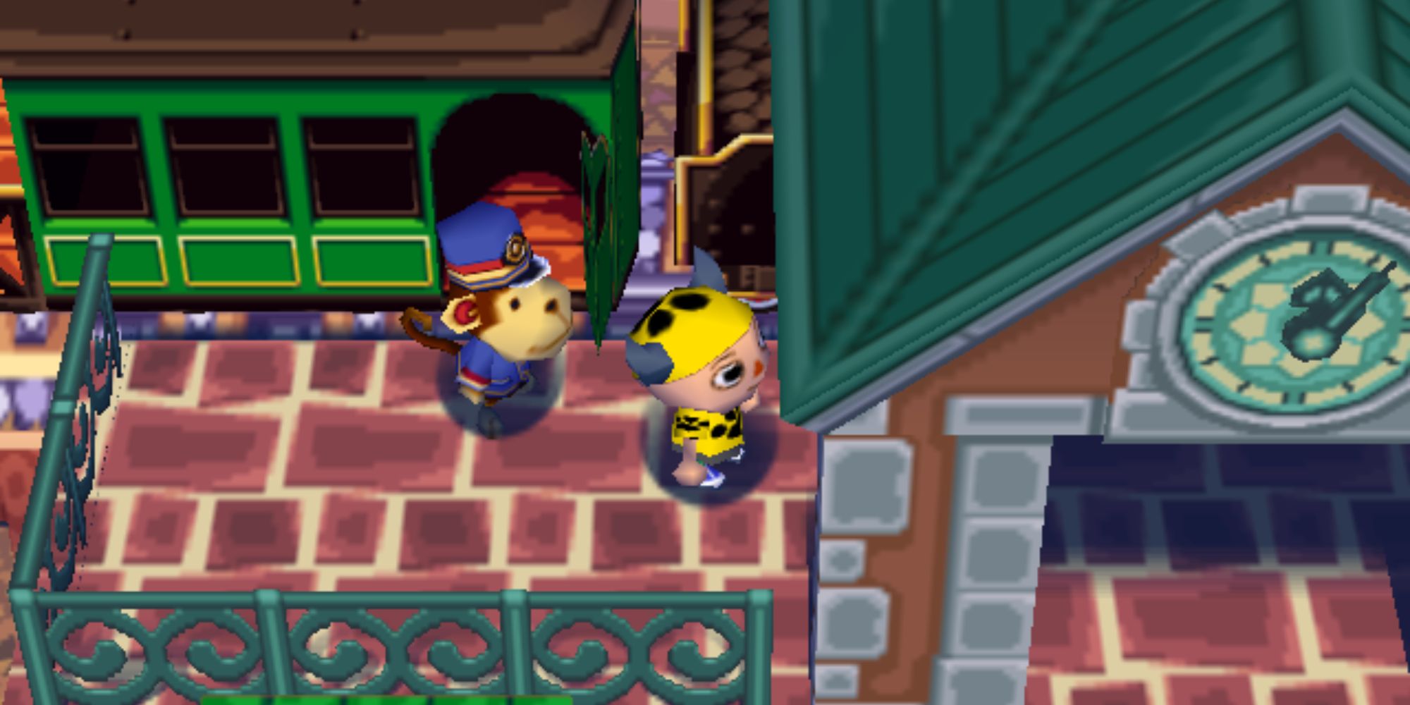 A player arriving at a train station in Animal Crossing