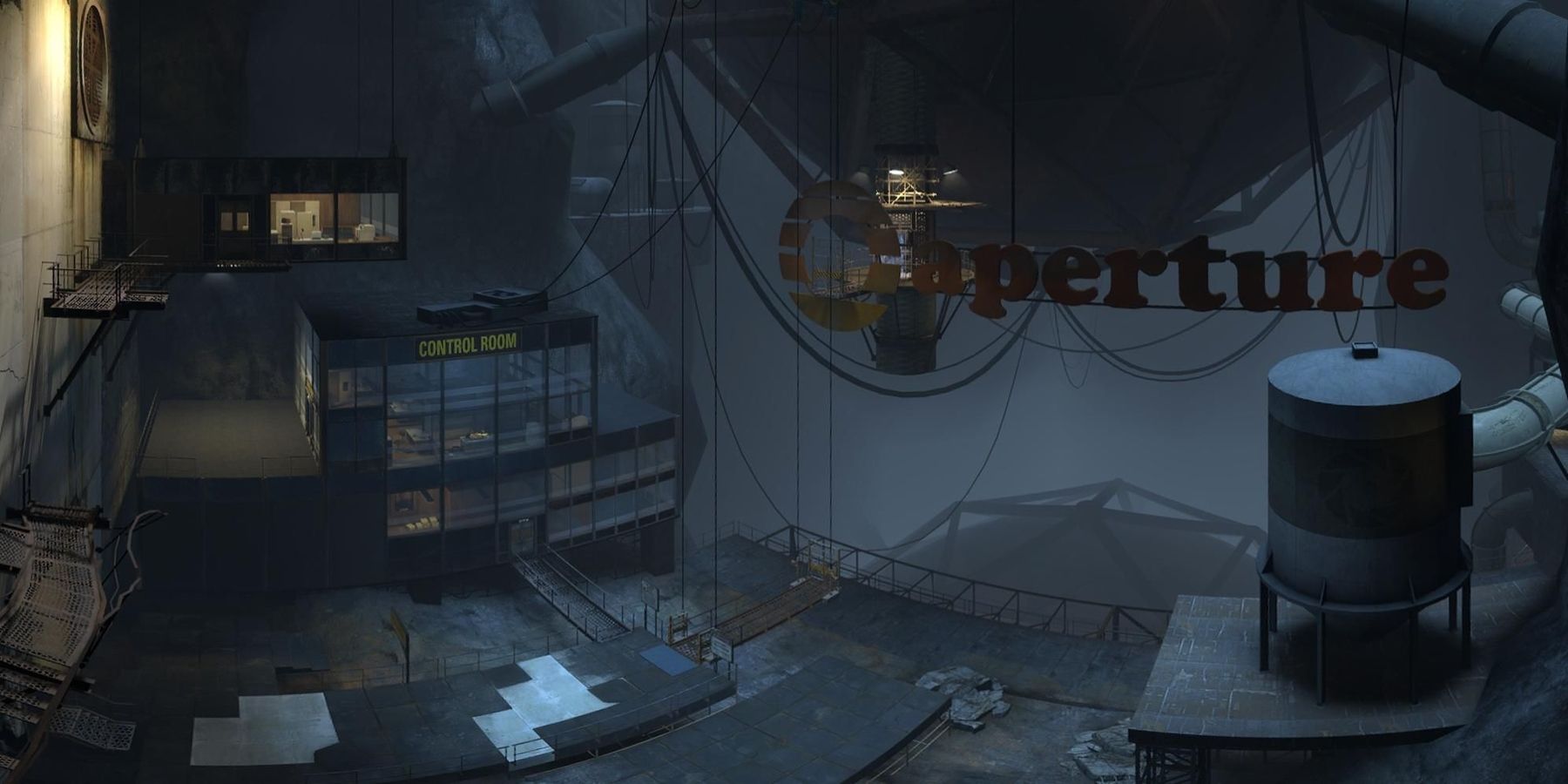 Screenshot of abandoned Aperture Science labs in Portal 2