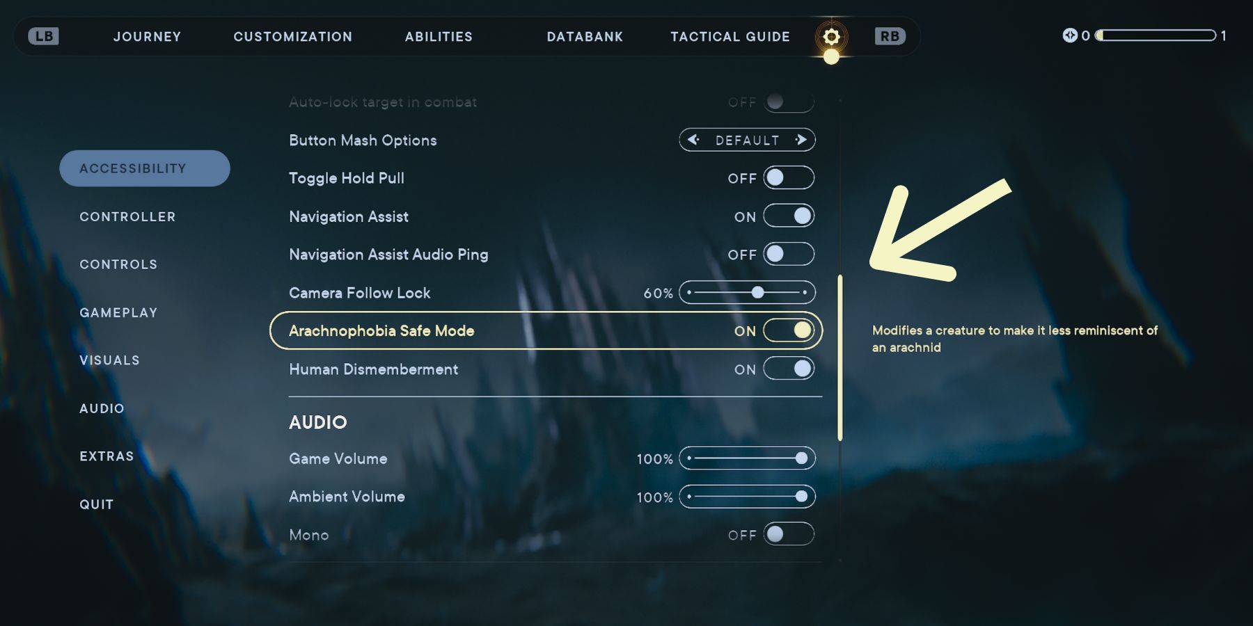 image showing how to turn on the arachnophobia mode in star wars jedi survivor.