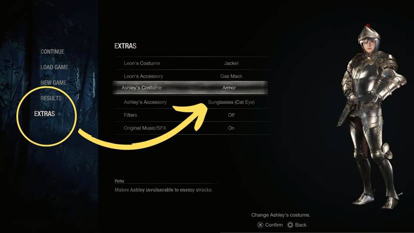 image showing how to wear ashley's armor in the resident evil 4 remake.