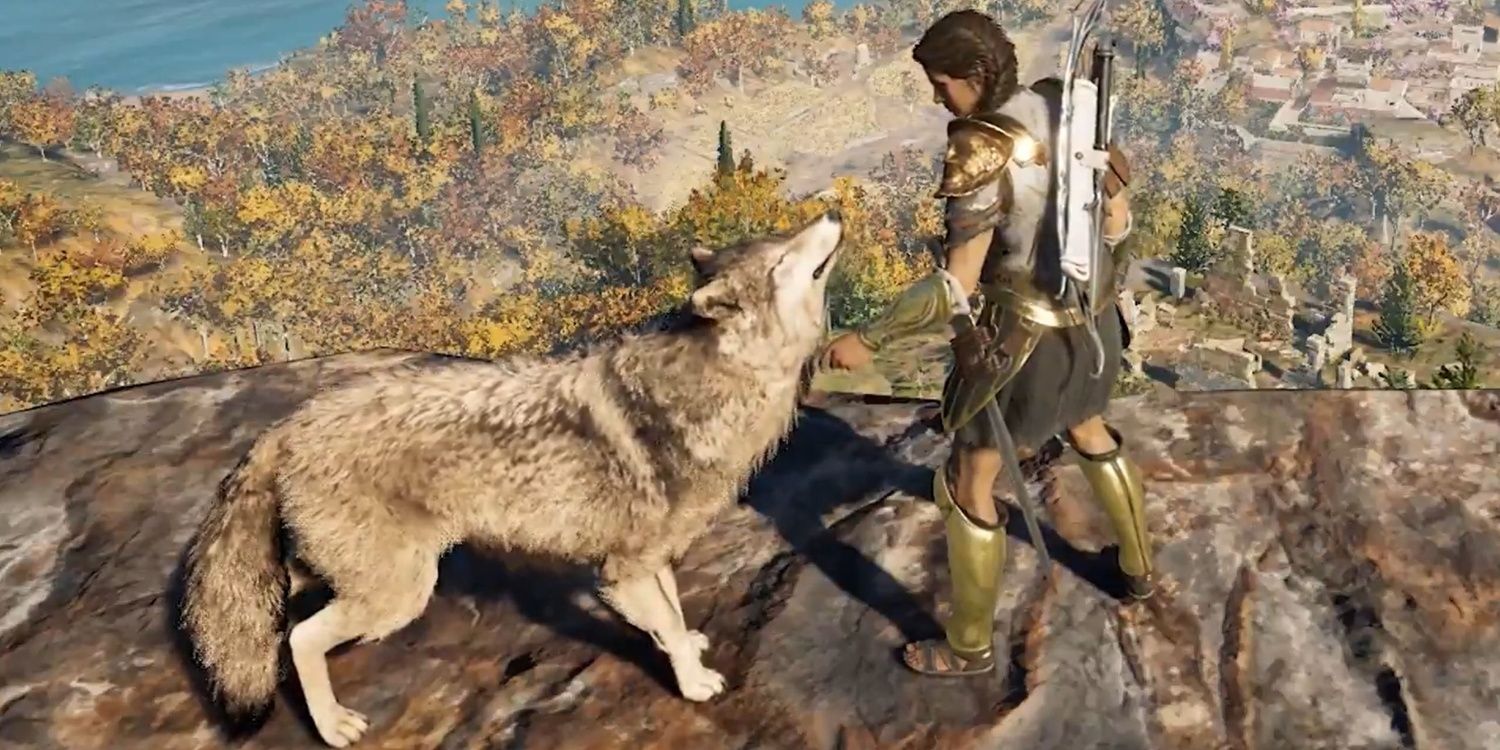 Kassandra petting a happy dog in Assassin's Creed Odyssey