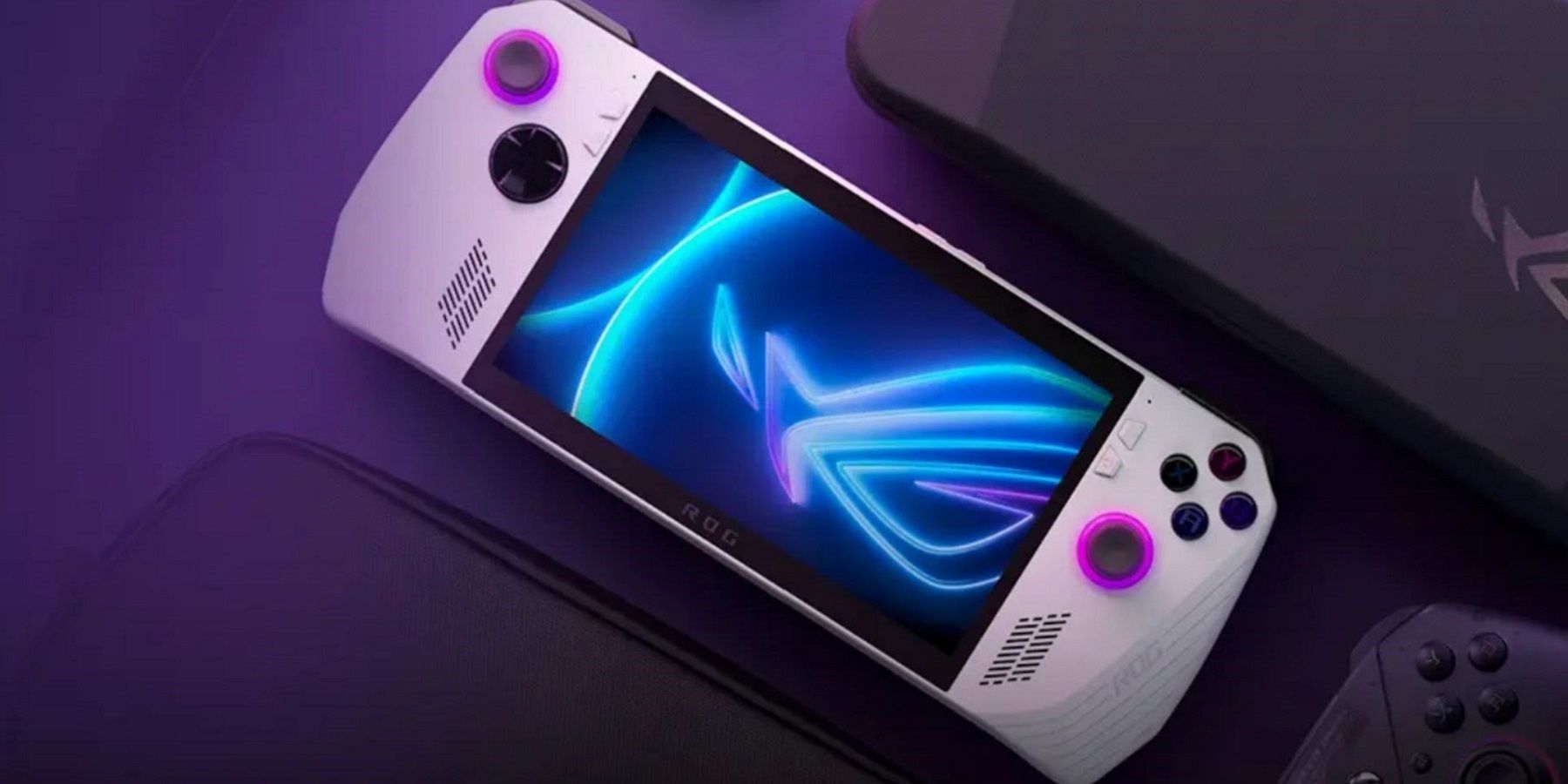 The Asus ROG Ally device on a purple background.