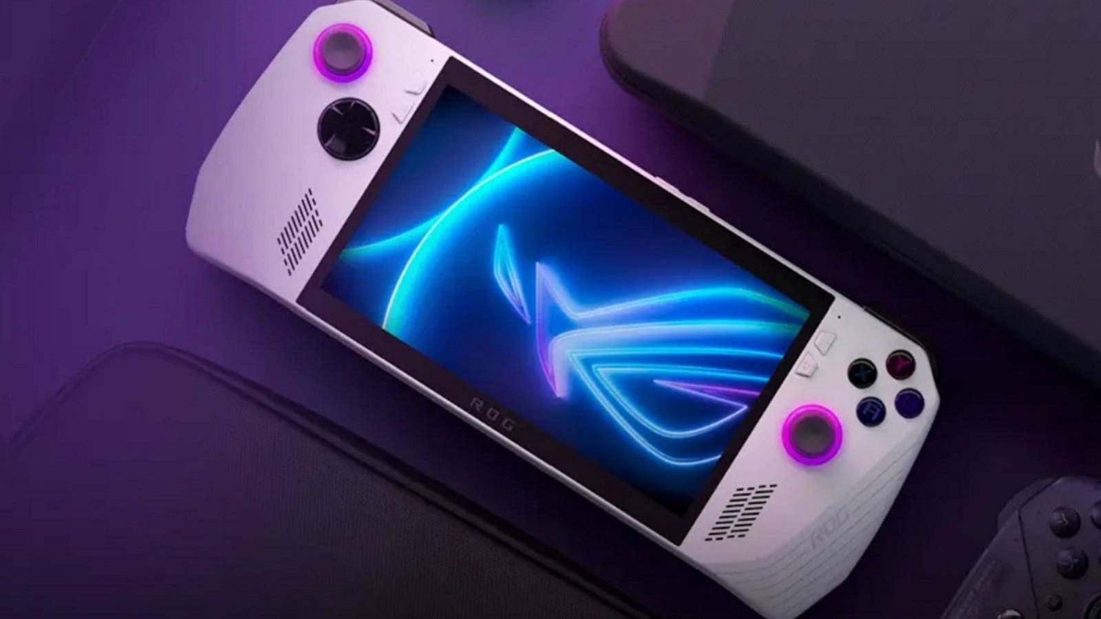 The Asus ROG Ally device on a purple background.