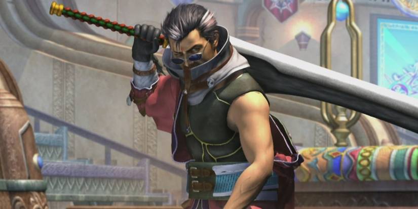 Auron preparing to battle a fiend in Final Fantasy 10