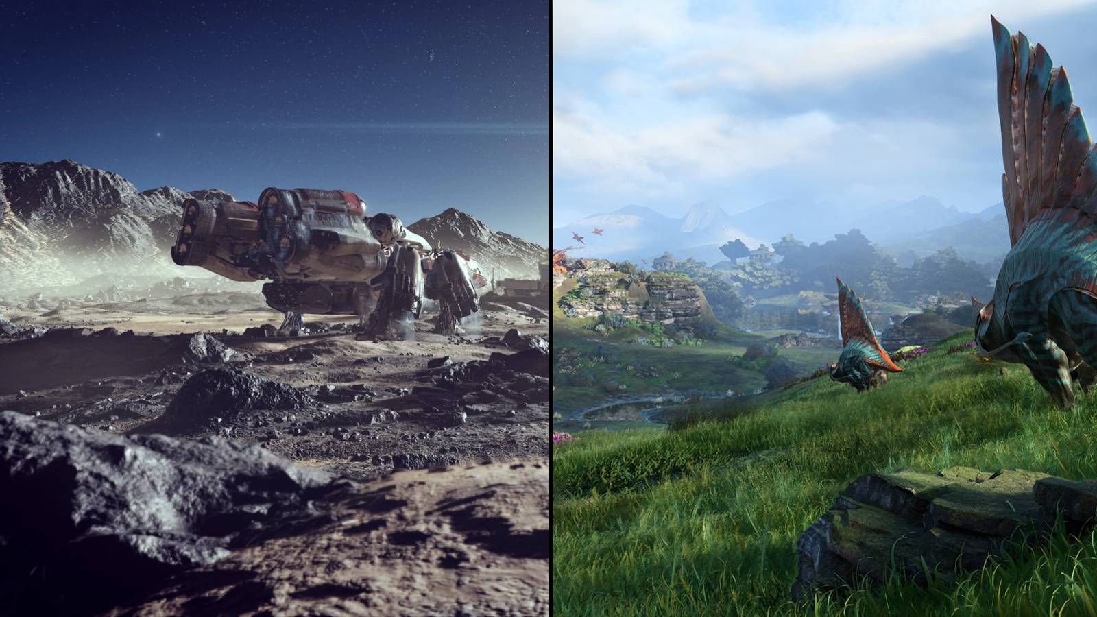 Split image of screenshots from Avatar: Frontiers of Pandora and Starfield