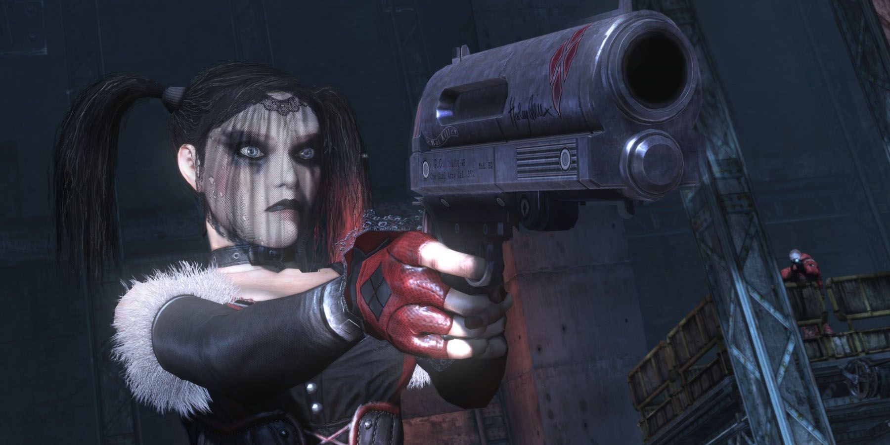 A screenshot of Harley Quinn in her black funneral veil from the Batman: Arkahm City Joker's Revenge DLC, aiming her gun at someone offscreen.