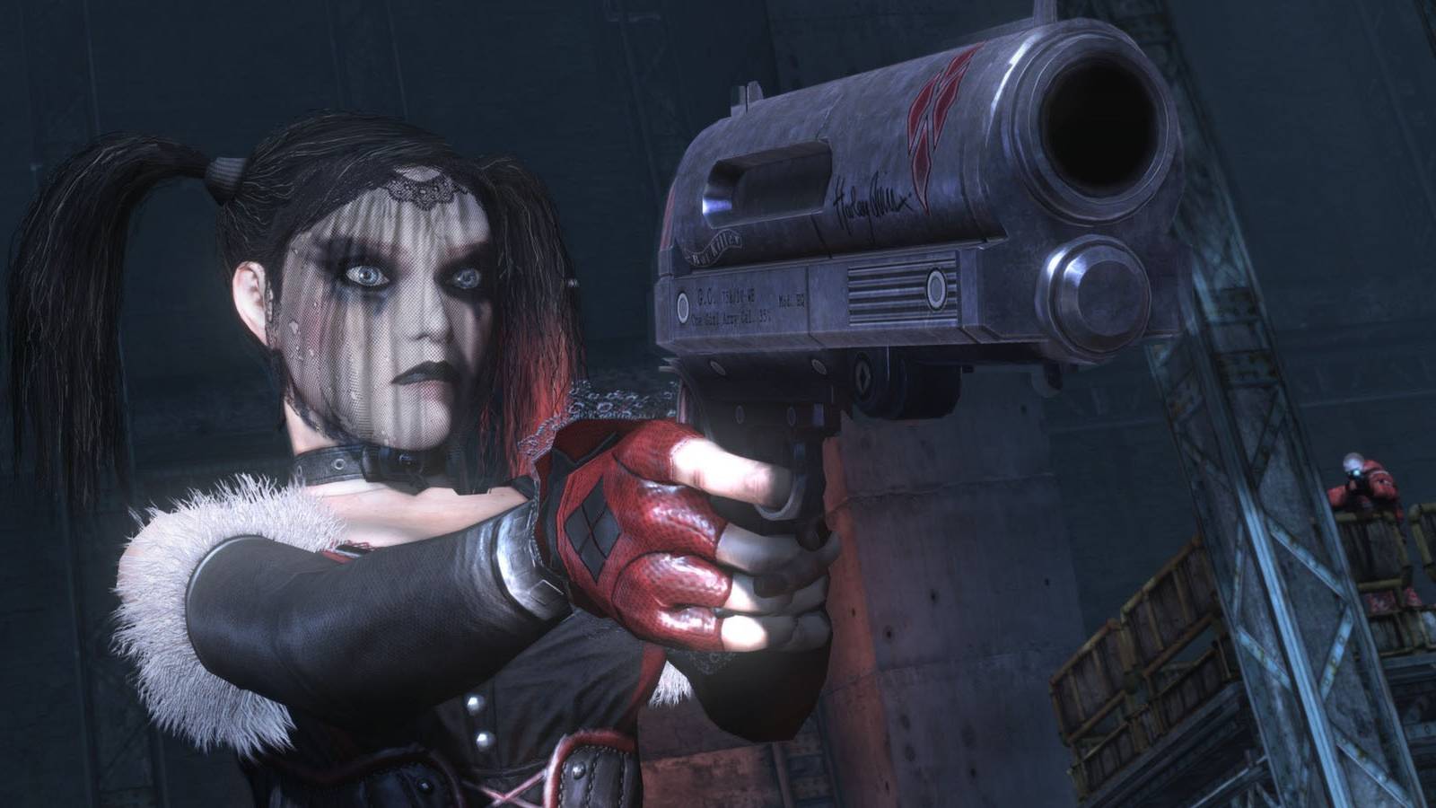 A screenshot of Harley Quinn in her black funneral veil from the Batman: Arkahm City Joker's Revenge DLC, aiming her gun at someone offscreen.