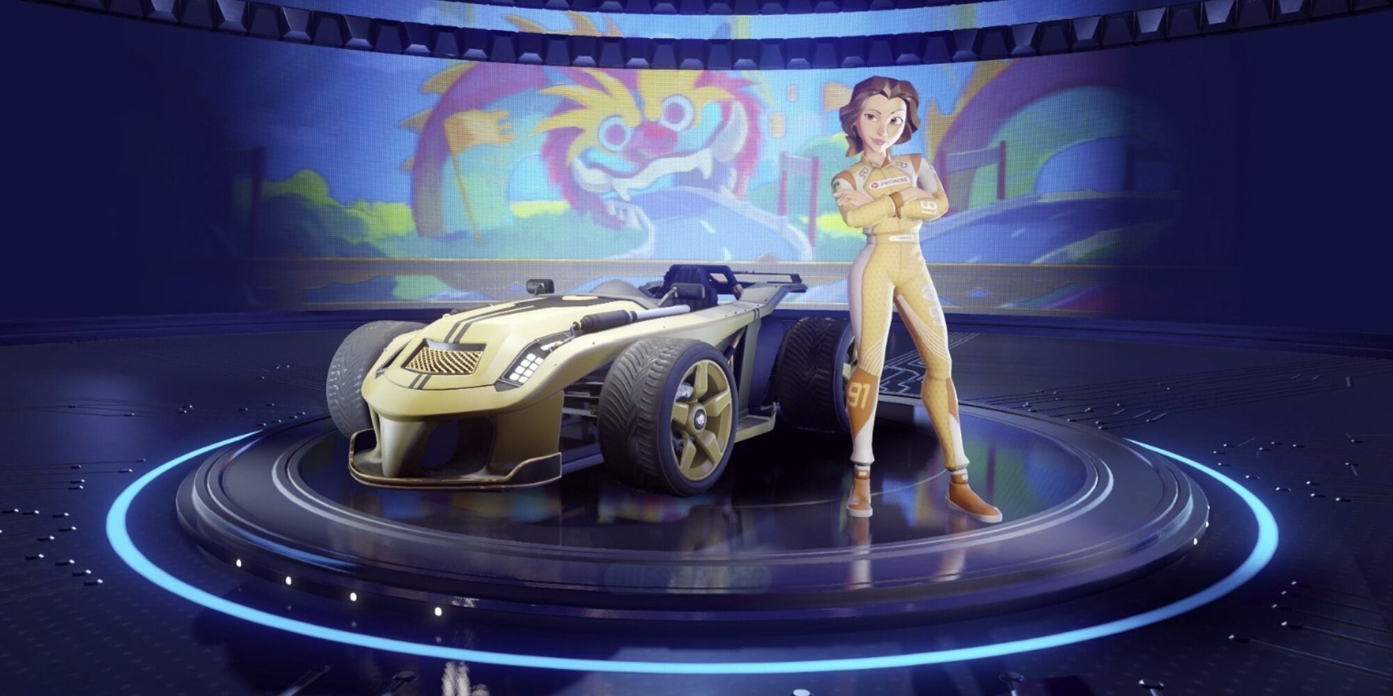 Belle standing next to her kart in Disney Speedstorm