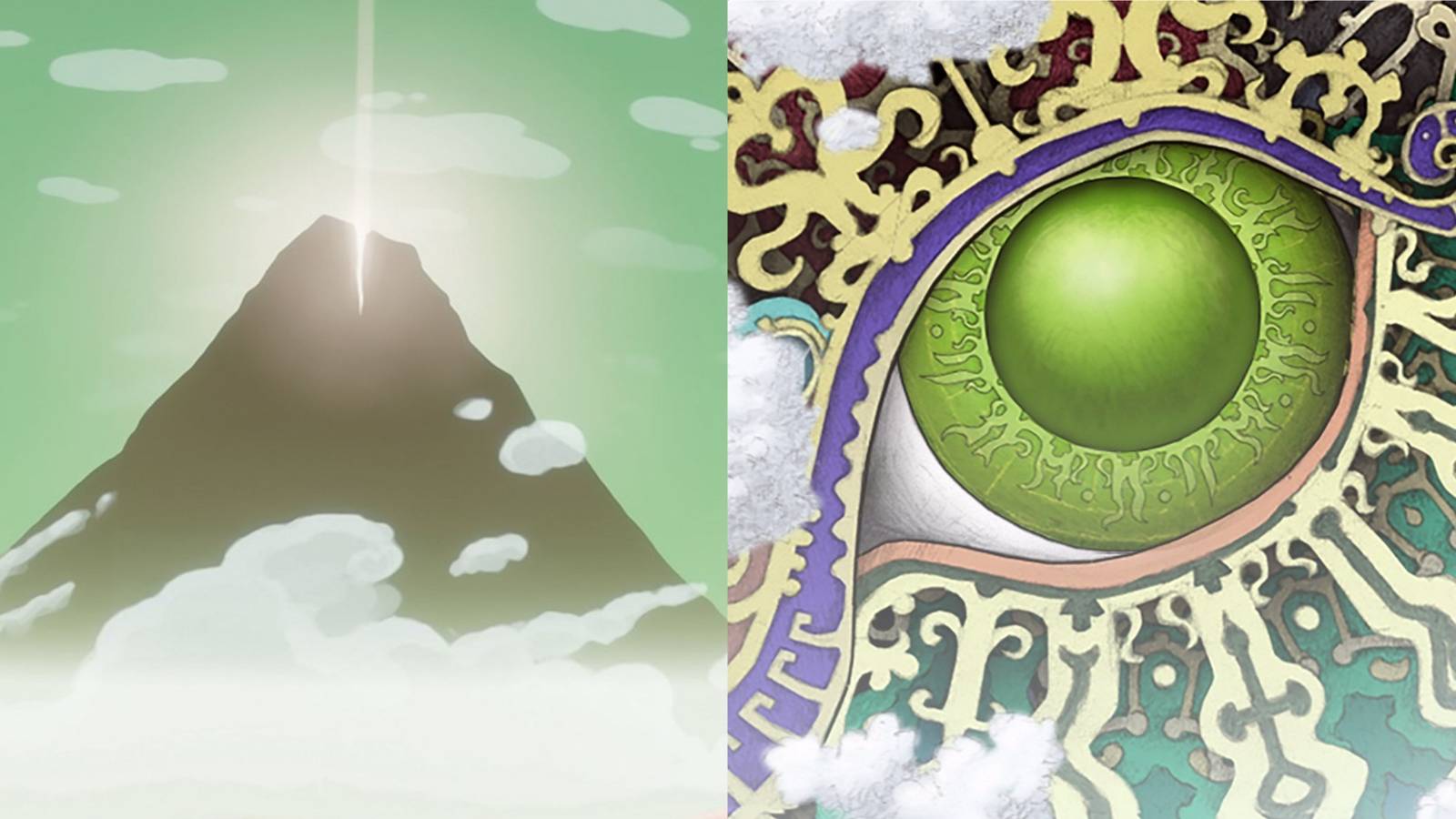 A picture of the mountain from Journey and the eye from Gorogoa