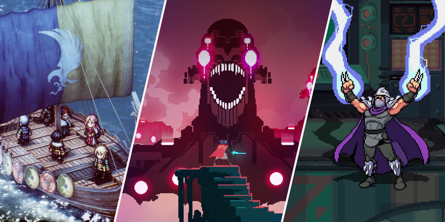 best pixel games featured image triangle strategy, hyper light drifter, tmnt shredder's revenge