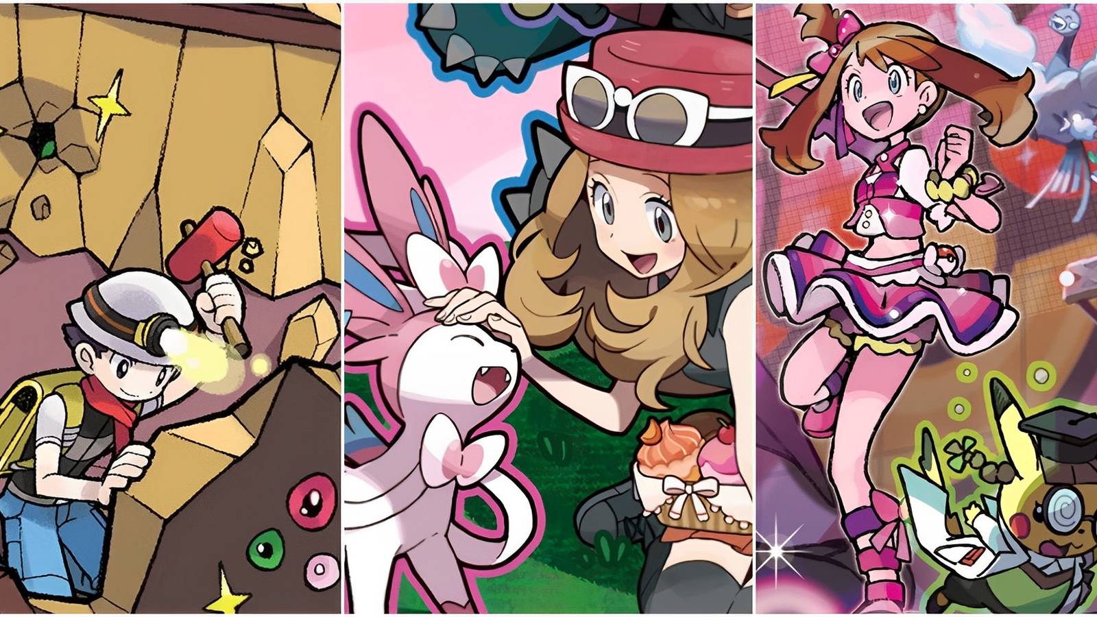 A split image showing Pokemon Underground, Poke Amie, and Pokemon Contests