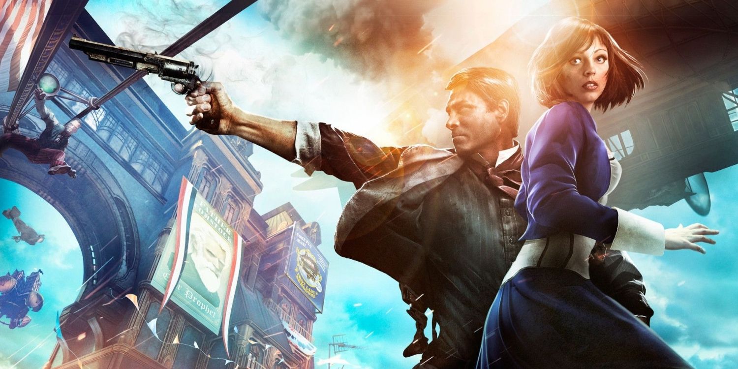 Booker and Elizabeth stand together in a BioShock Infinite key art.