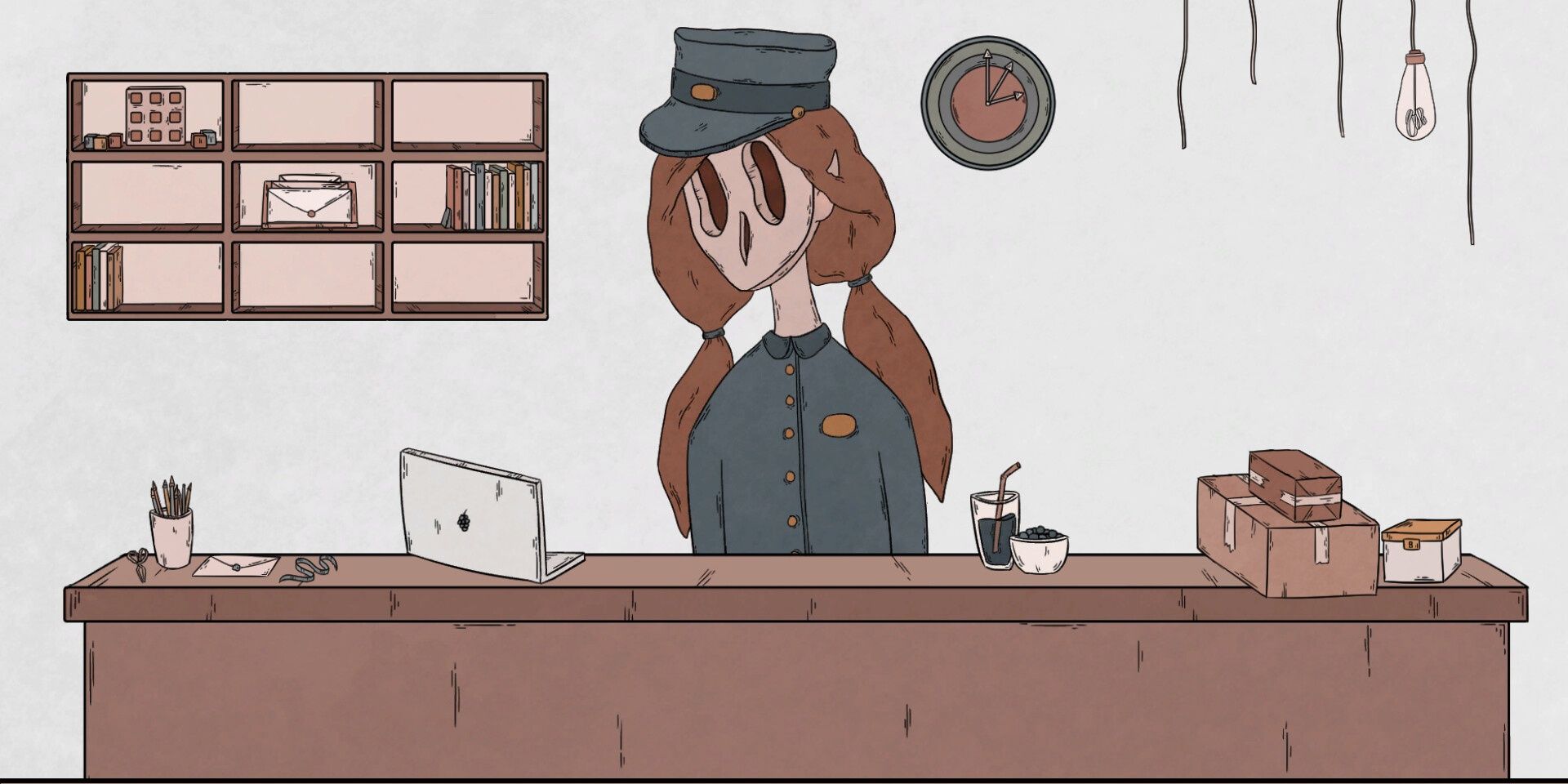 A women standing behind the desk of a post office in Birth