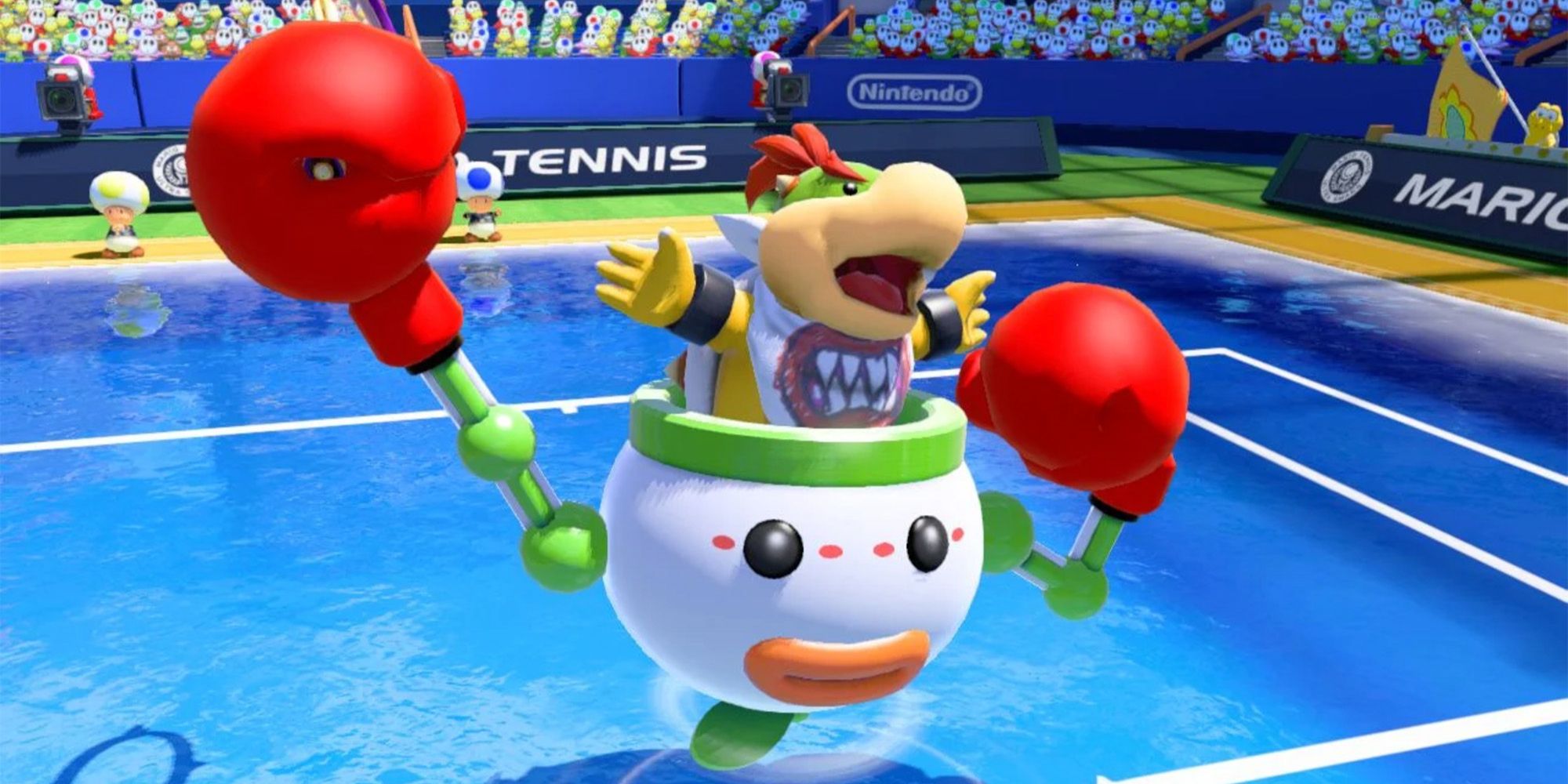 Bowser Jr in a clown car with punching gloves in Mario Tennis Aces