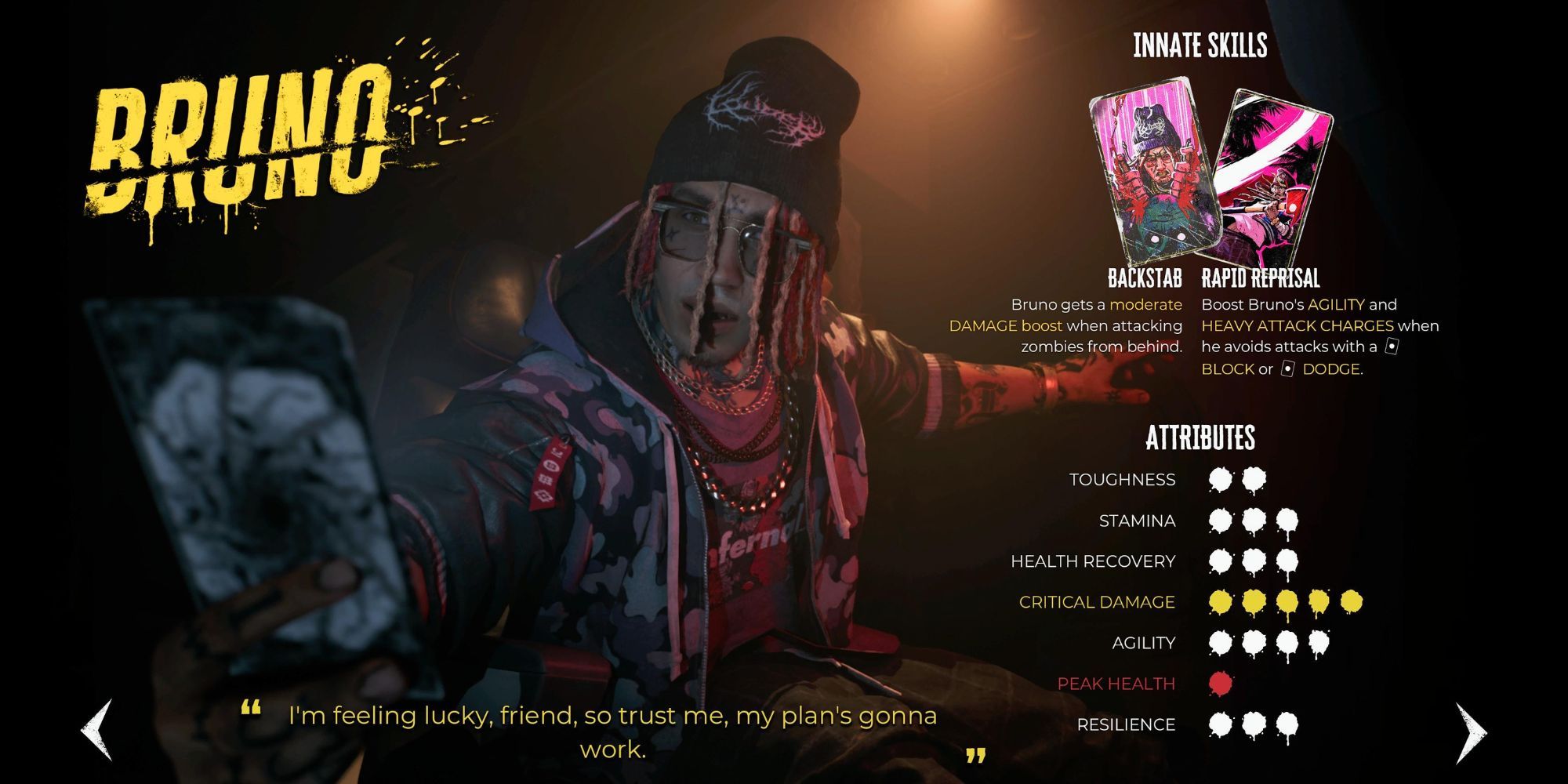 Bruno in the Slayer select screen of Dead Island 2