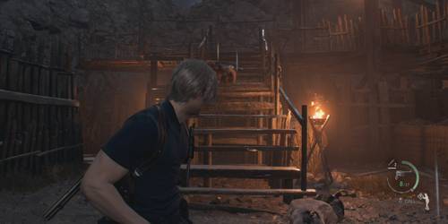Leon encara as escadas no Posto de Controle em Resident Evil 4 Remake