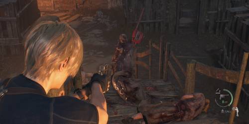 Leon mira em uma Irm&atilde; da Serra El&eacute;trica em Resident Evil 4 Remake