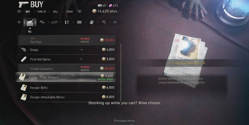 Buying the Flash Grenade Recipe in Resident Evil 4 remake