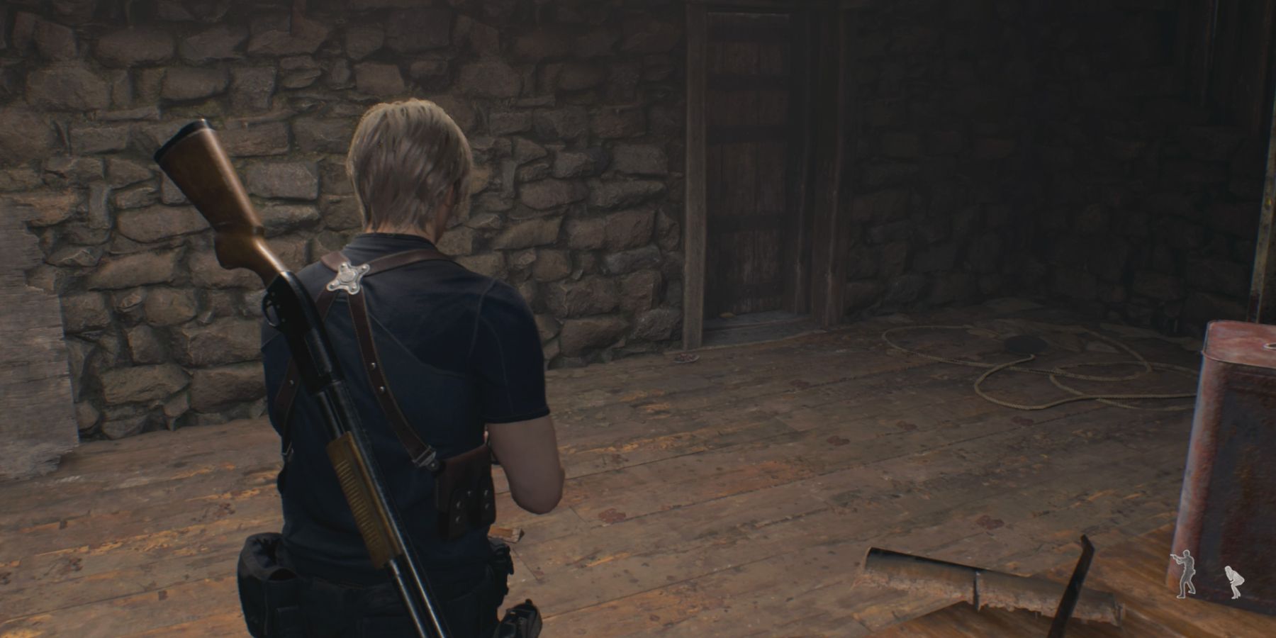 Leon faces the Checkpoint house exit in Resident Evil 4 remake