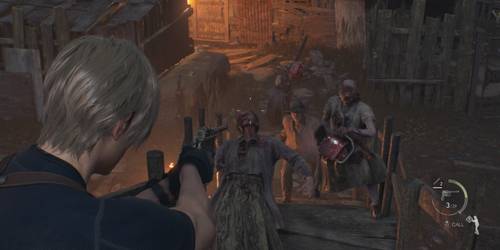 Leon mira em uma multid&atilde;o de inimigos em Resident Evil 4 Remake