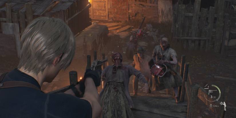 Leon aims at a swarm of enemies in Resident Evil 4 remake