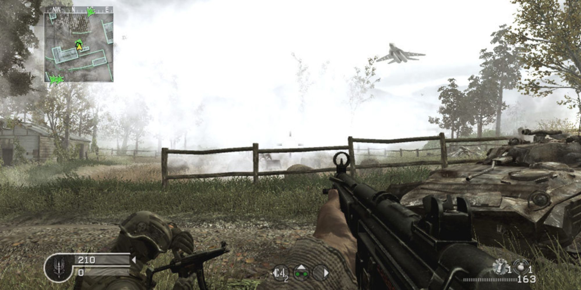 A player looking at a field as a jet flies past in Call Of Duty 4: Modern Warfare