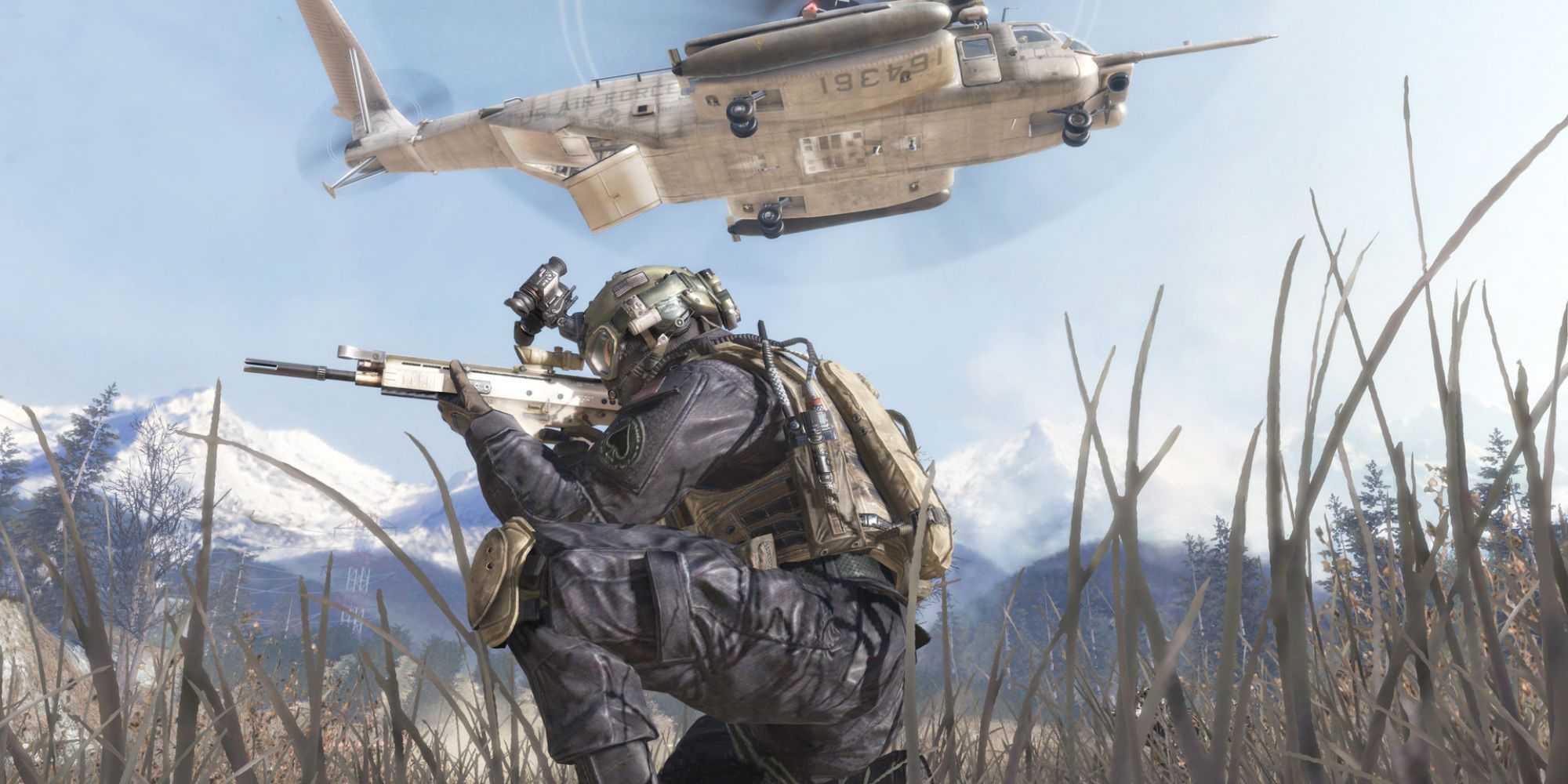 A solider crouching with a helicopter up in the sky behind him in Call Of Duty: Modern Warfare 2 (2009)