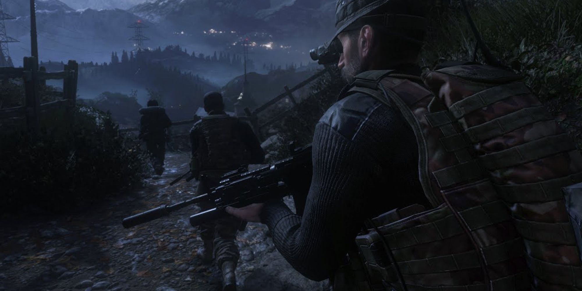 A group of soldiers walking in the dark in Call Of Duty: Modern Warfare Remastered