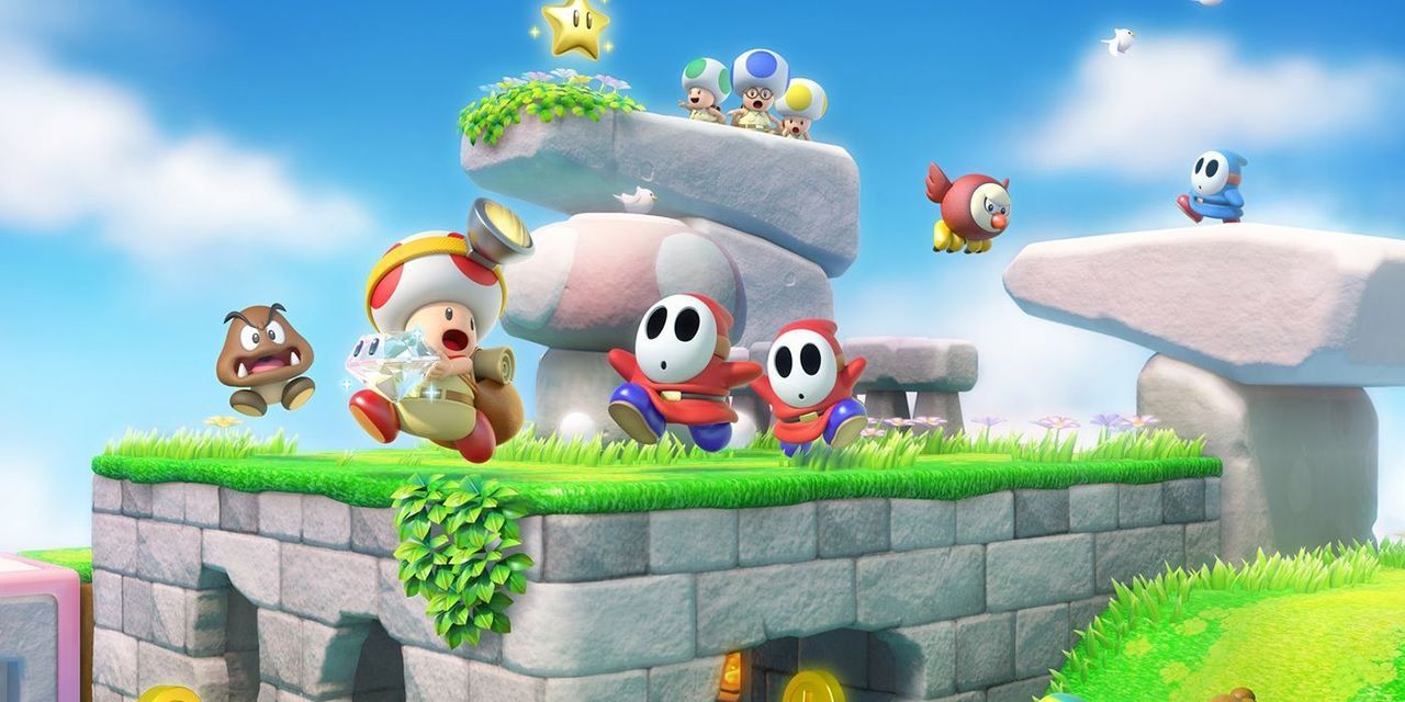 Toad running from shy guys and goombas
