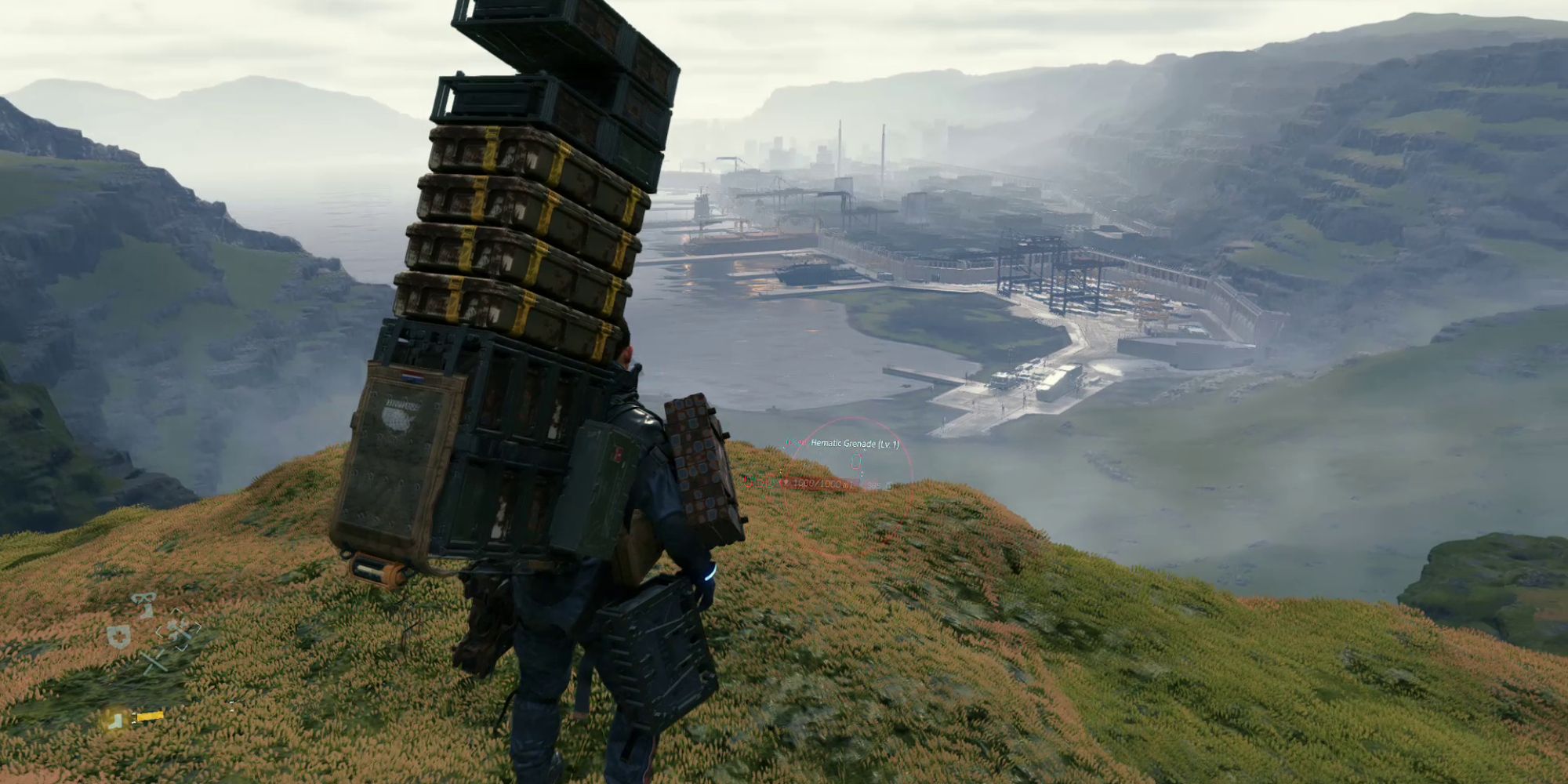 An image of Sam Porter Bridges carrying a significant loadout on his back on a trek in the Death Stranding game