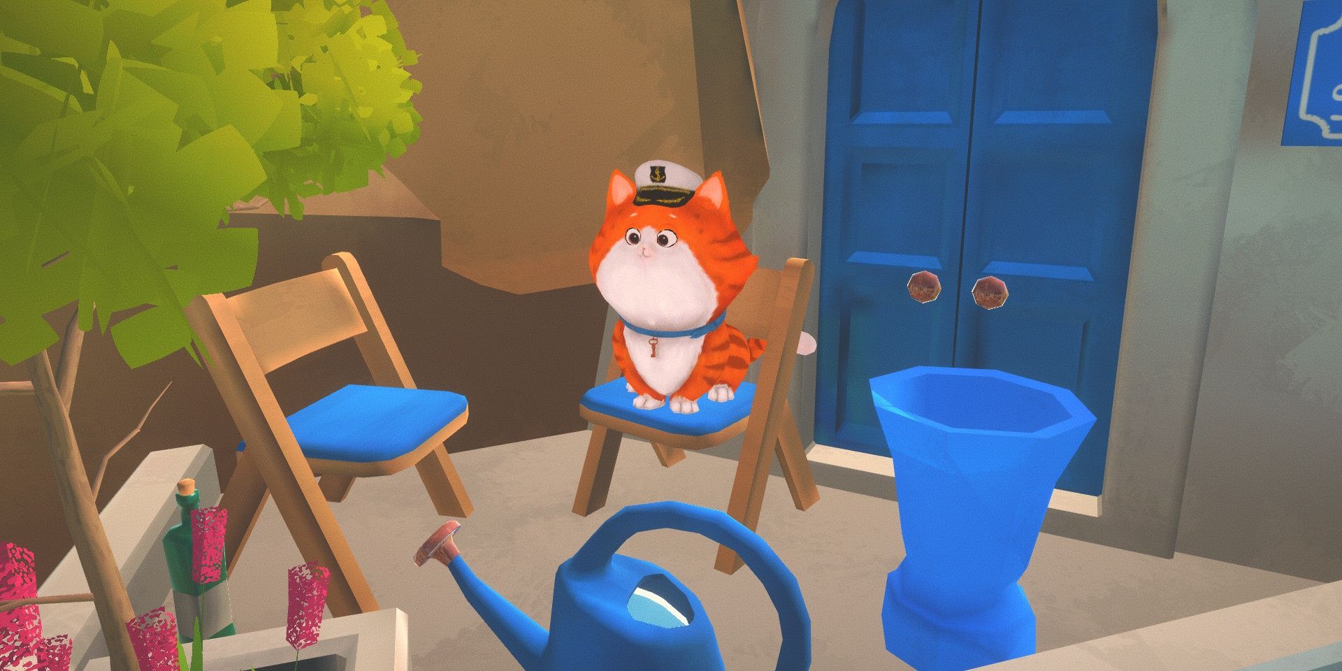 A cat wearing a captain's hat sitting on a chair in Cats in Time
