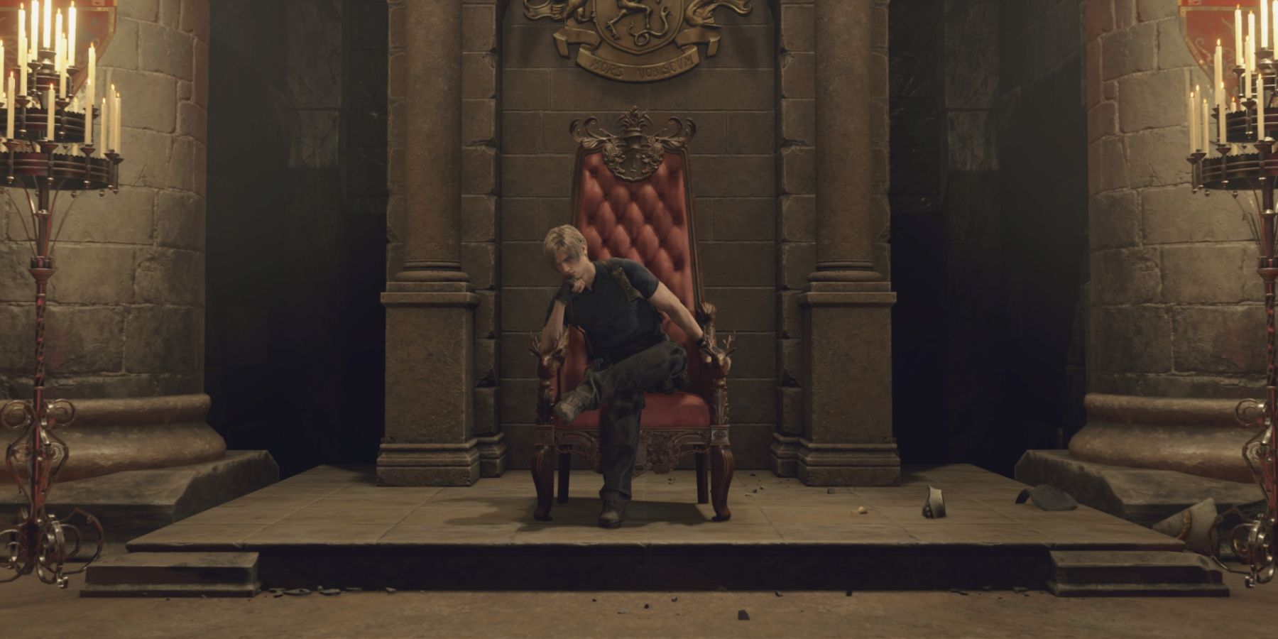 Leon sits in Ramon Salazar's chair in Resident Evil 4 remake